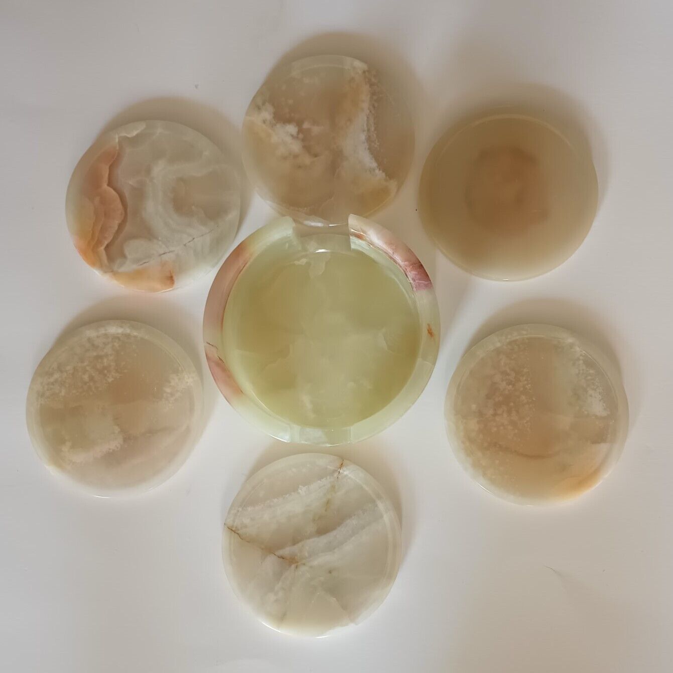 6 PIECES ONYX STONE COASTER SET + HOLDER-CORK BASE 100% Natural Stone # 7OSC