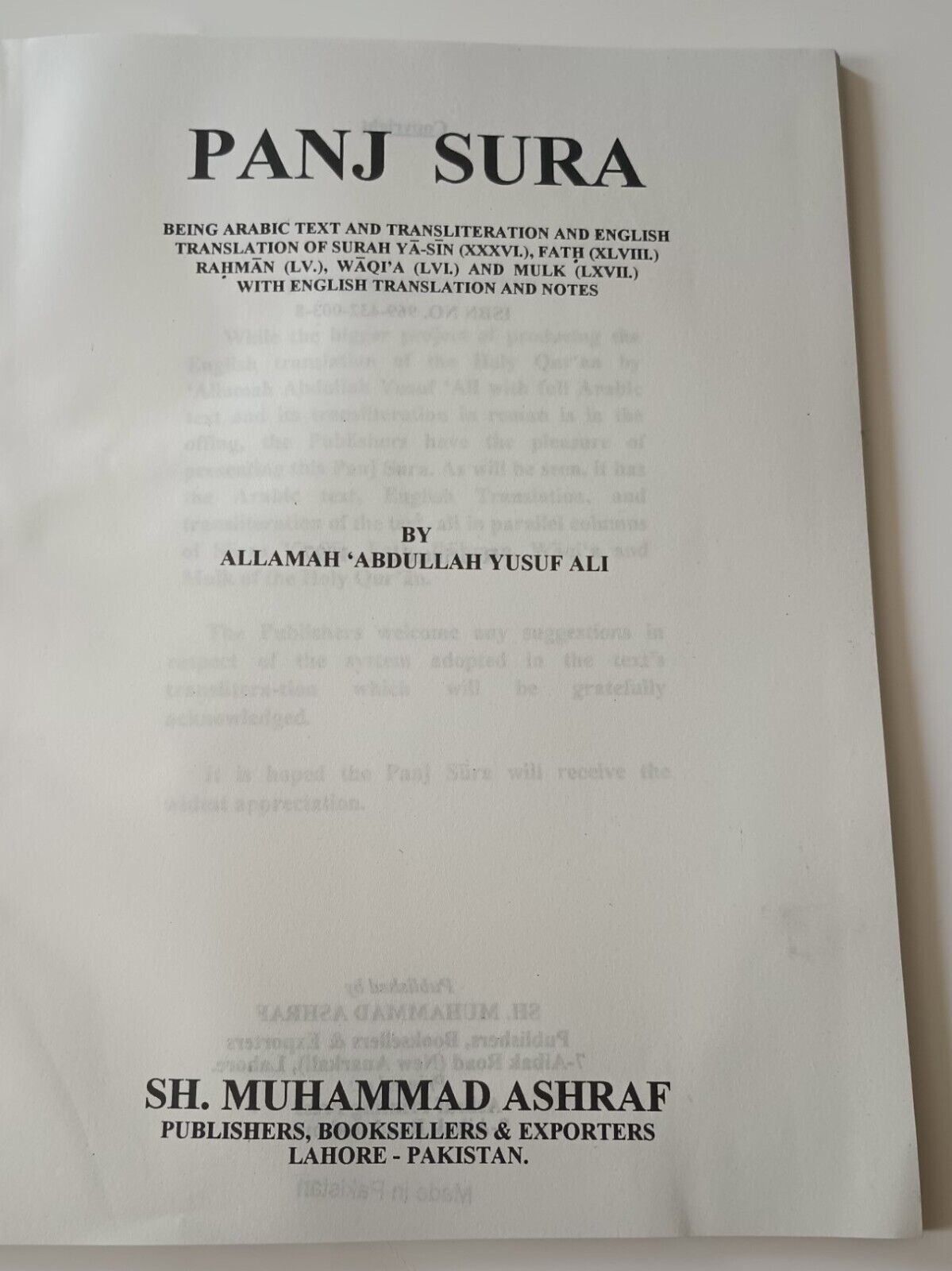 PUNJ SURA (Arabic+English+Transliteration) by A. Yusuf Ali #PSAAYA US Fast Ship.