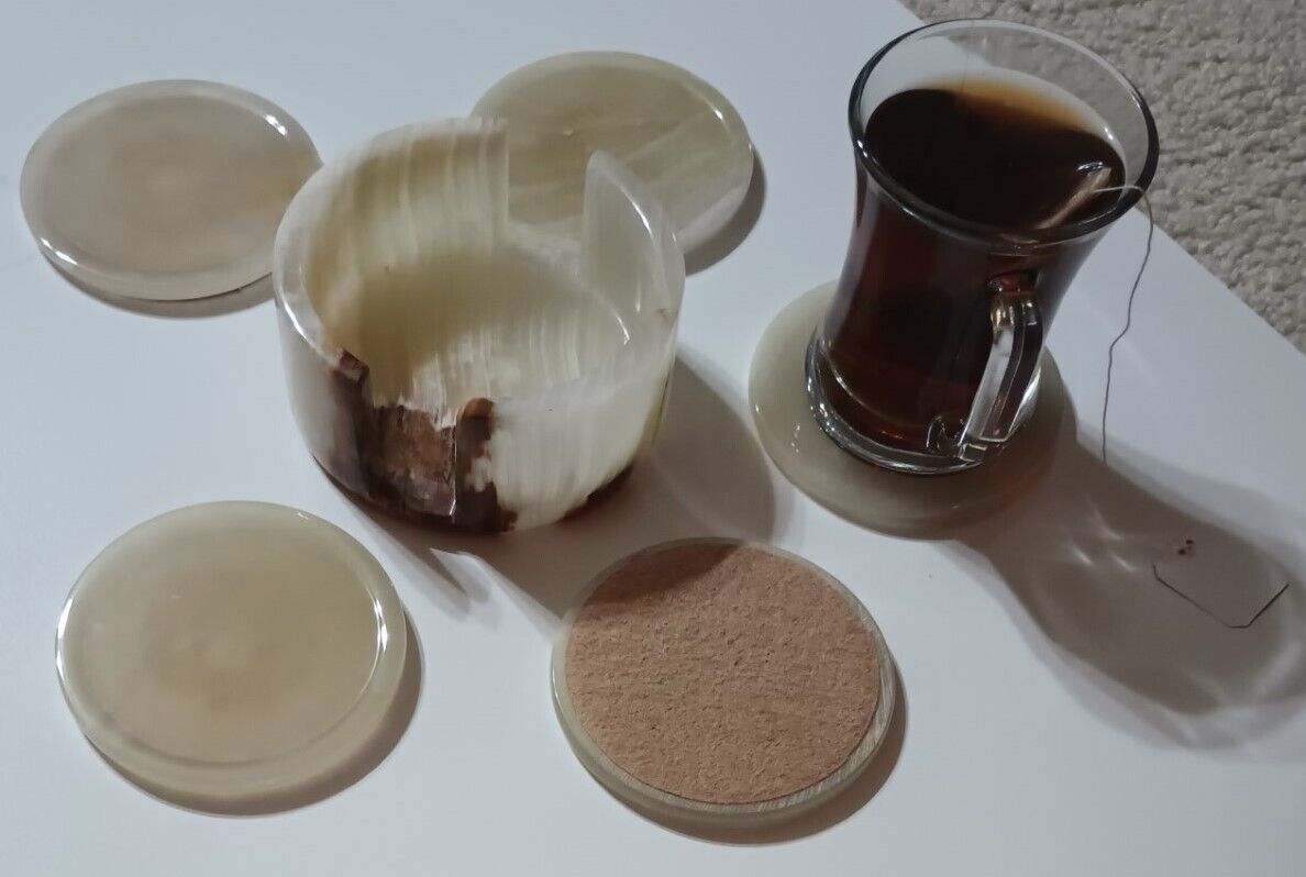 5 PIECES ONYX STONE COASTER SET + HOLDER-CORK BASE 100% Natural Stone # 6OSC