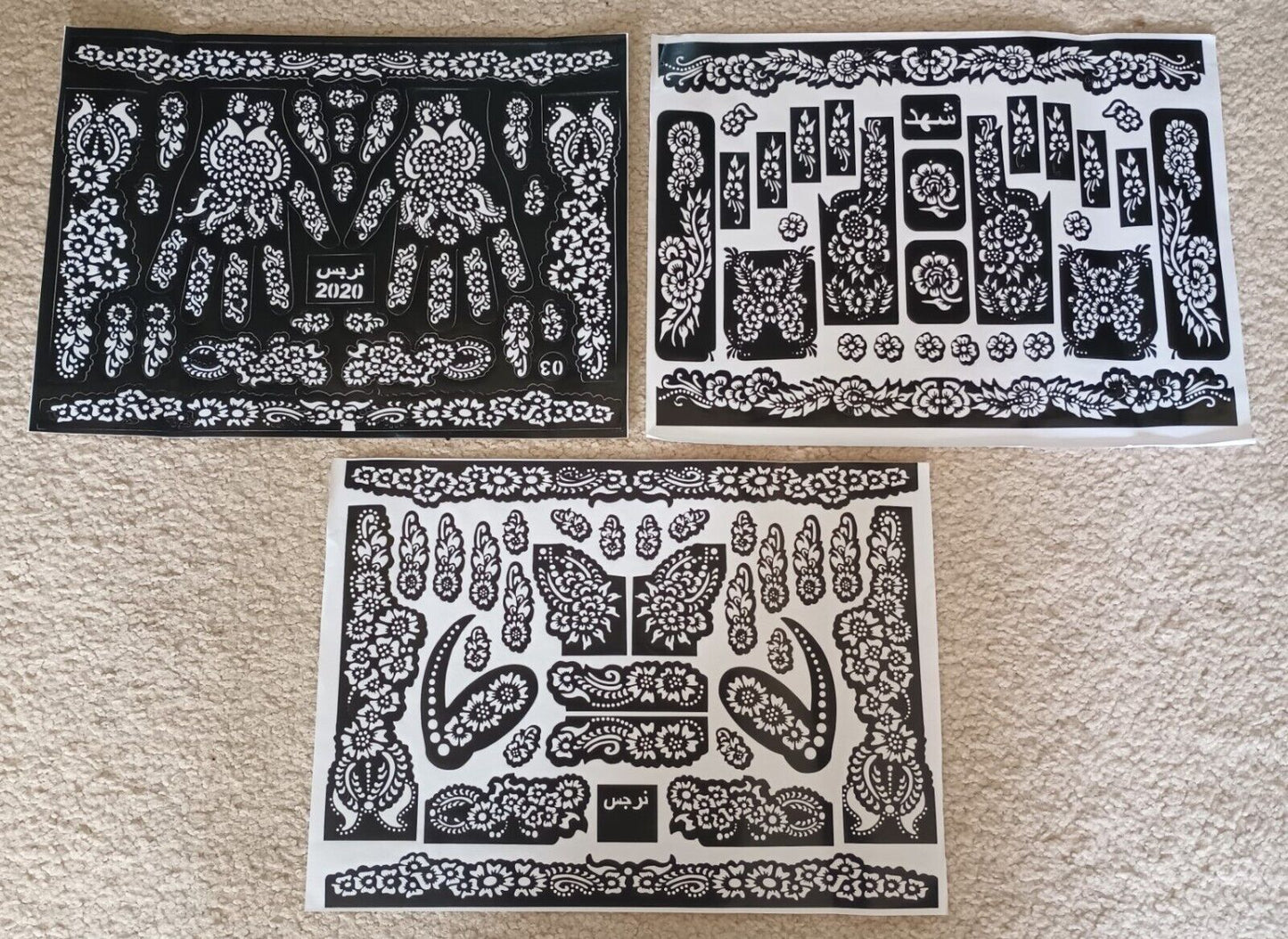 12 Large Sheets of HENNA STENCILS(Indian/Arabian Styles Stencils)Assorted Design