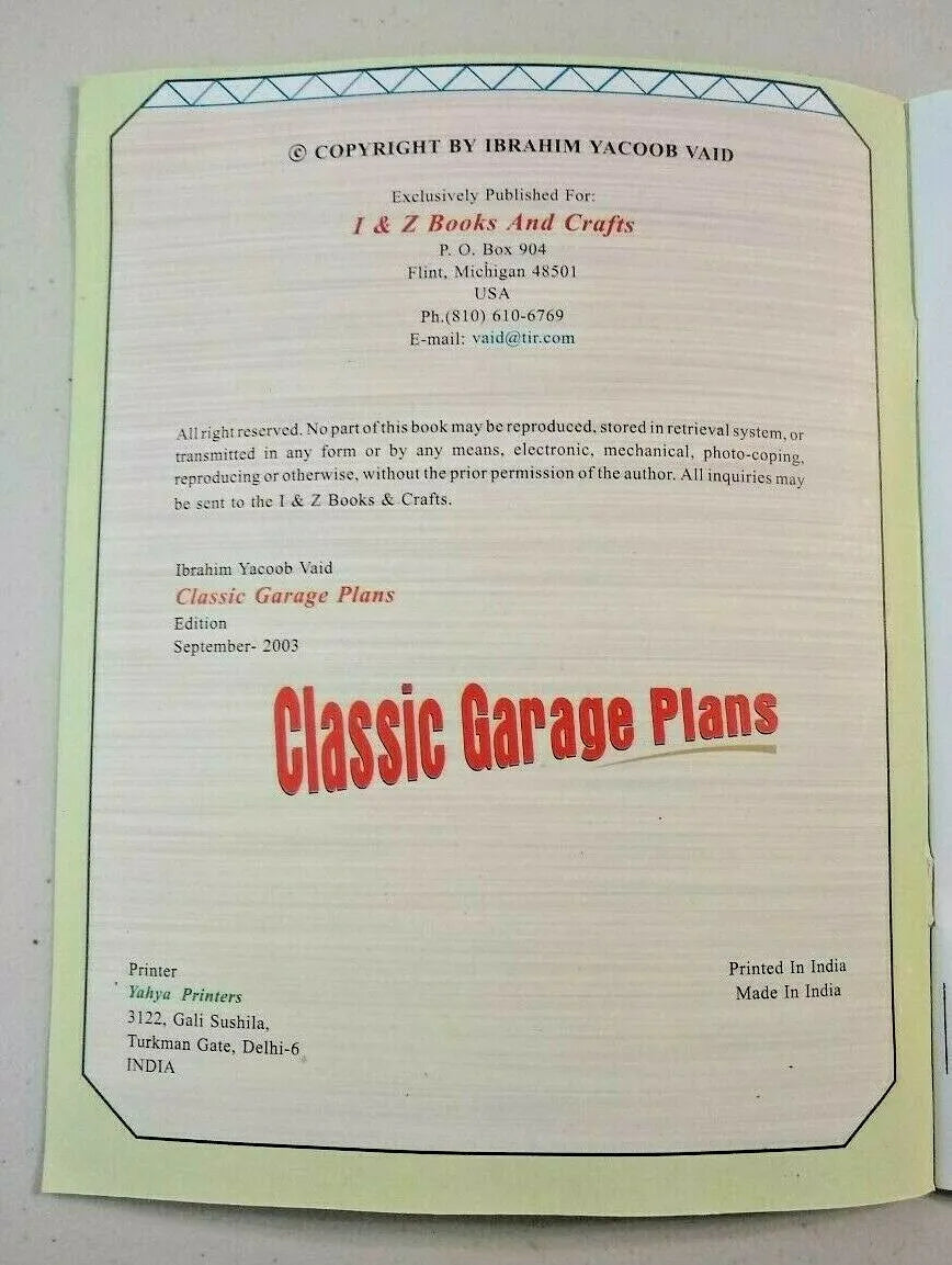 2 Copies of CLASSIC GARAGE PLANS by Ibrahim Vaid (Fast US Ship.)